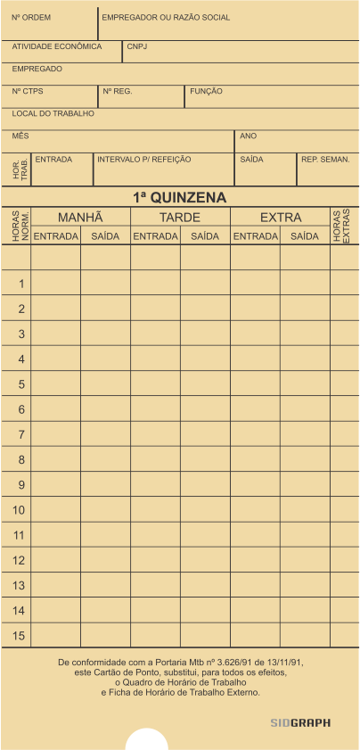 CARTÃO DE PONTO MENSAL - PALHA - PORT. MTB - MEIA LUA