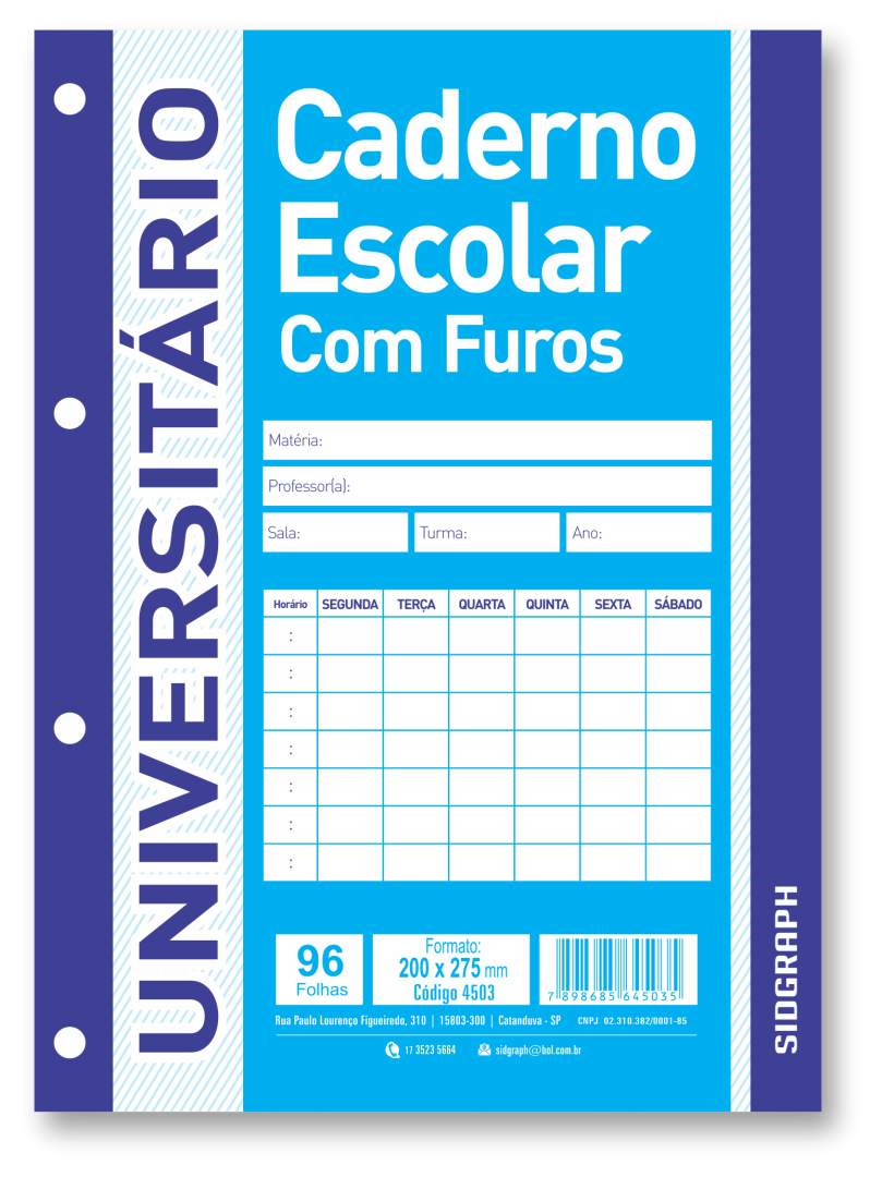 CADERNO ESCOLAR COM FUROS UNIVERSITÁRIO